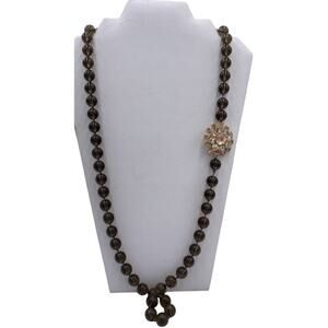 Hand Knotted Long Smoky Quartz Glass Beaded Rhinestone Flower Accent Necklace